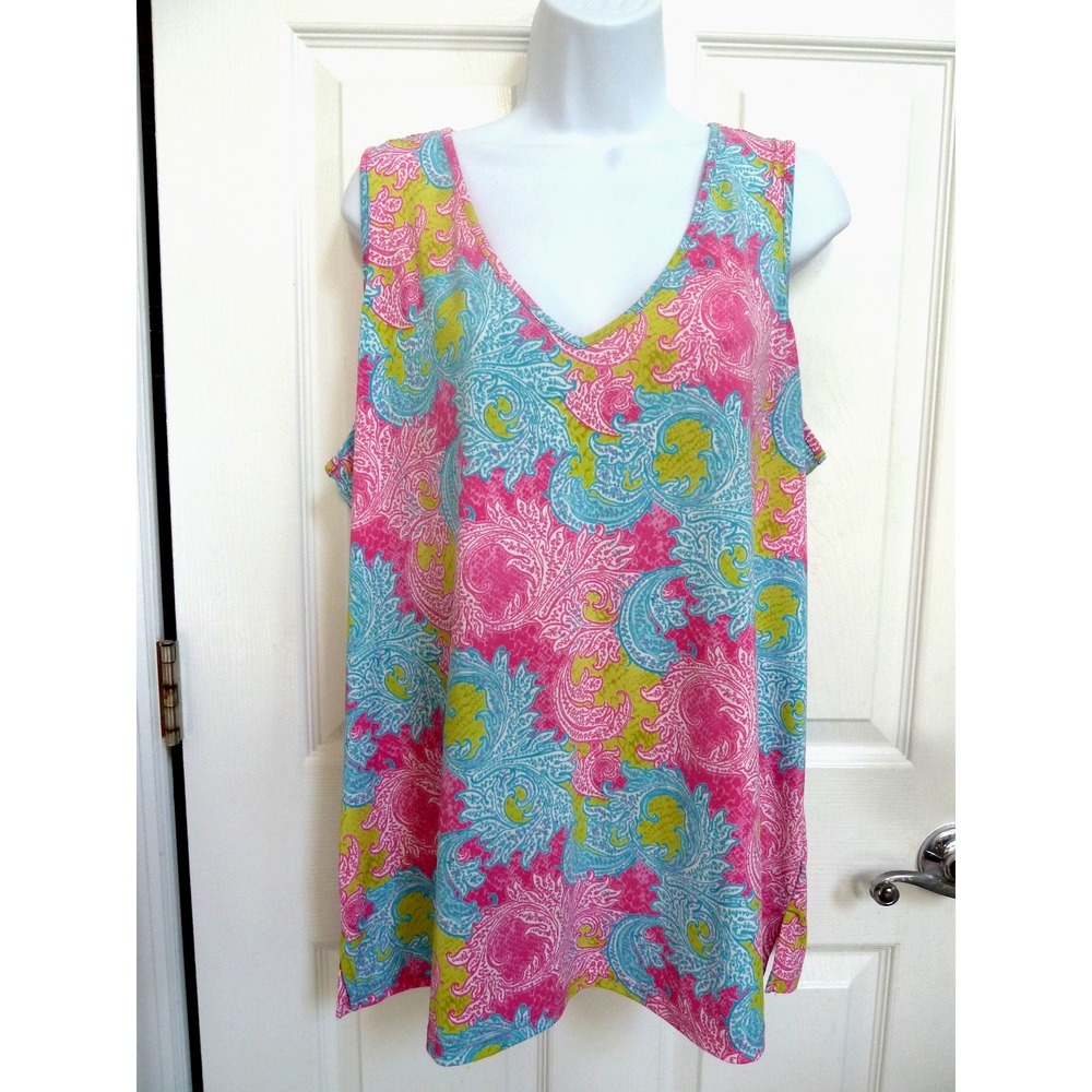 BELLE By KIM GRAVEL 1X Tank Top Colorful Beachy Cruise Tropical Paisley V-Neck